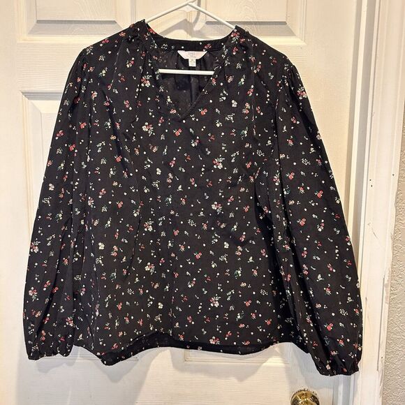 Time & Tru‎ Black Floral Cotton Corduroy Long Puff Sleeve Peasant Top Size XL - Picture 1 of 7
